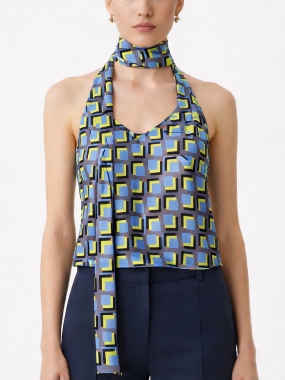 NWT Wildfang Satin Cami Button Adjustsble Strap And Scarf Geometric Print Sz M